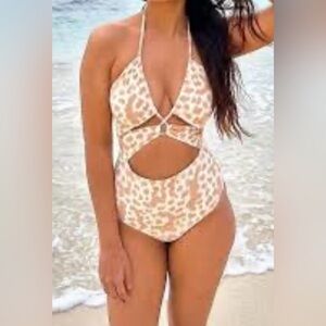 Cutout Leopard Print One-Piece Swimsuit - Cream & Tan